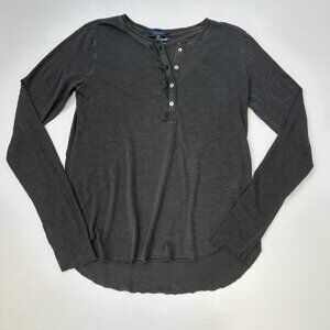 Lucky Brand Blouse Women Small Long Sleeve Henley Hi Low Fringe Party Top Core